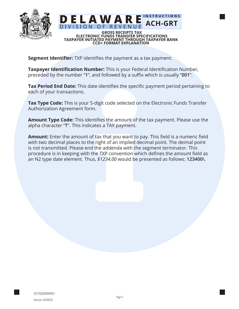 Instructions for Form ACH-GRT Electronic Funds Transfer Authorization Agreement - Taxpayer Initiated Payment Through Taxpayer Bank - Gross Receipts Tax - Delaware, Page 2