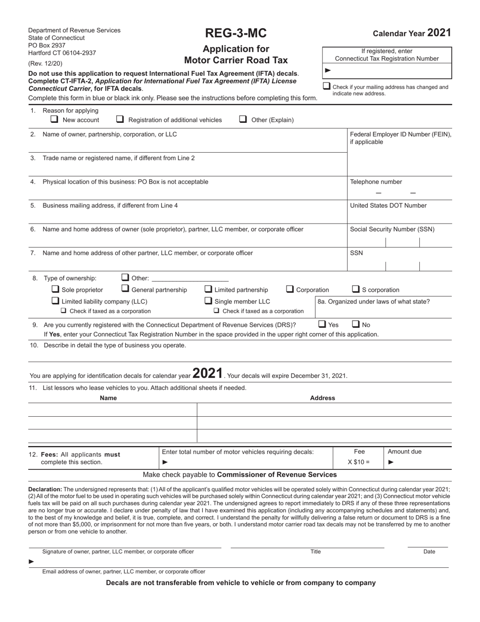 Form REG-3-MC Application for Motor Carrier Road Tax - Connecticut, Page 1