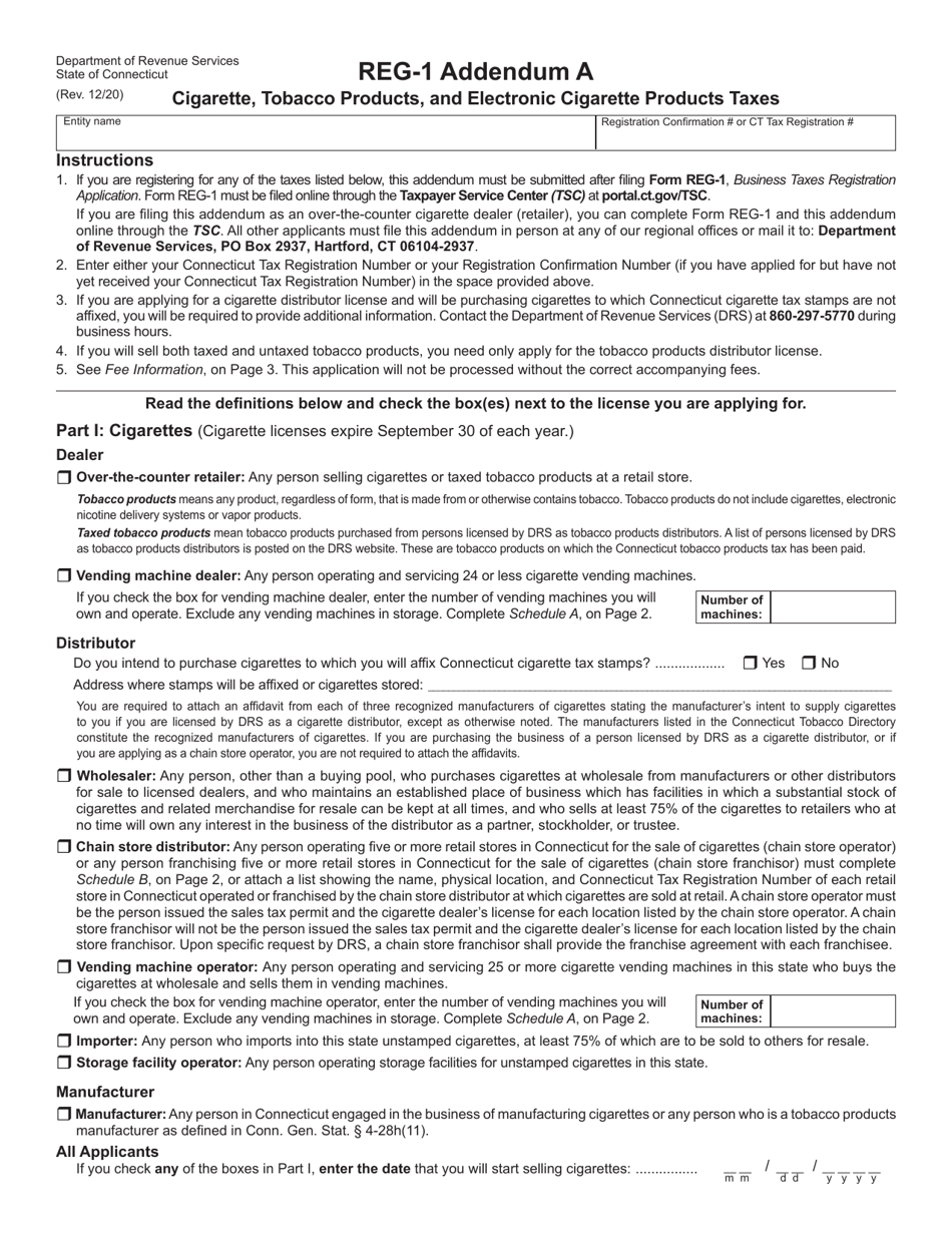 Form REG-1 Addendum A Cigarette, Tobacco Products, and Electronic Cigarette Products Taxes - Connecticut, Page 1