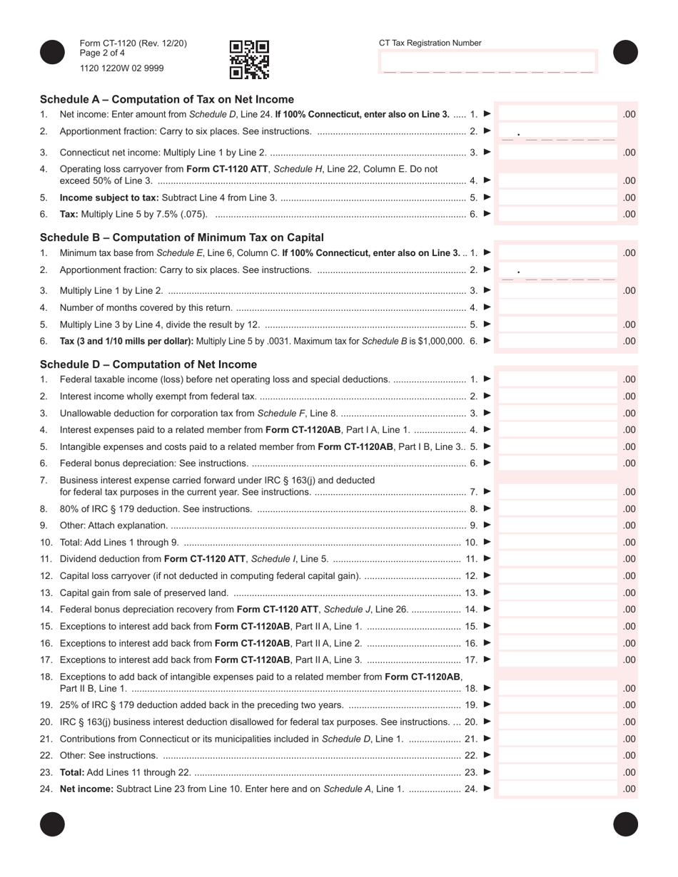 Form CT-1120 Corporation Business Tax Return - Connecticut, Page 2