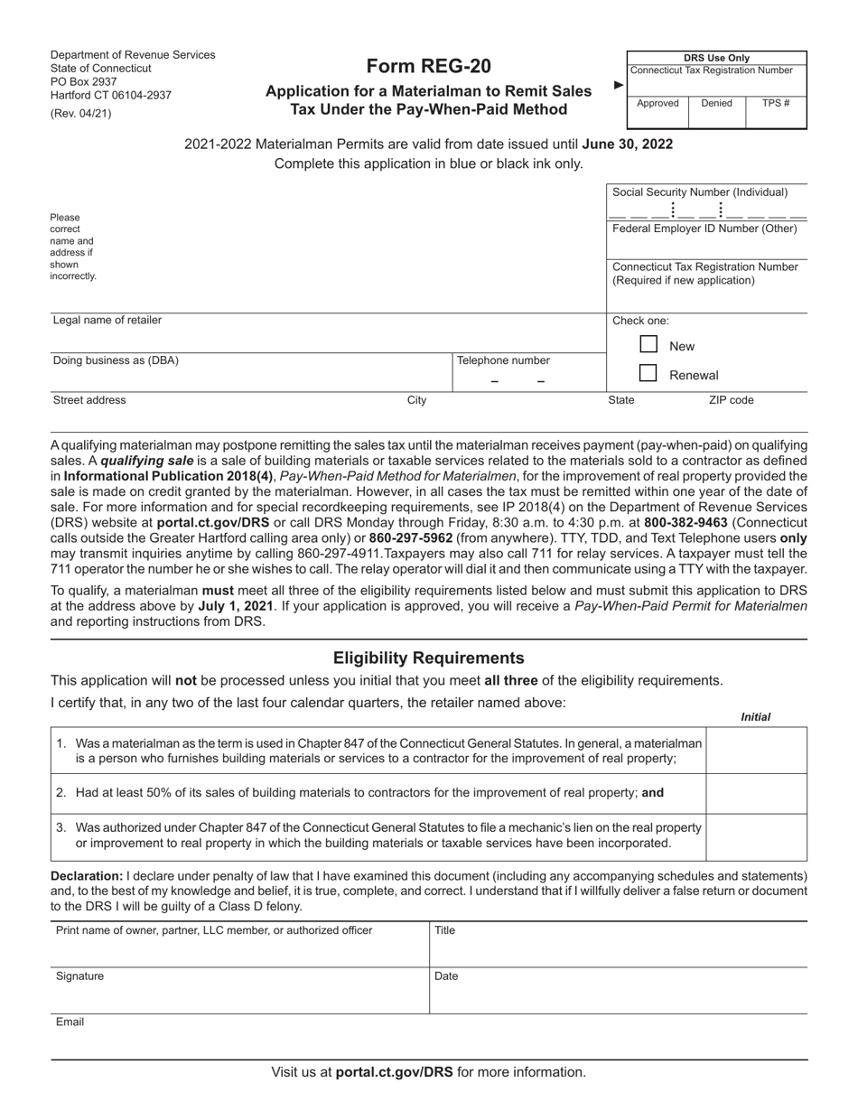 Form REG-20 Application for a Materialman to Remit Sales Tax Under the Pay-When-Paid Method - Connecticut, Page 1