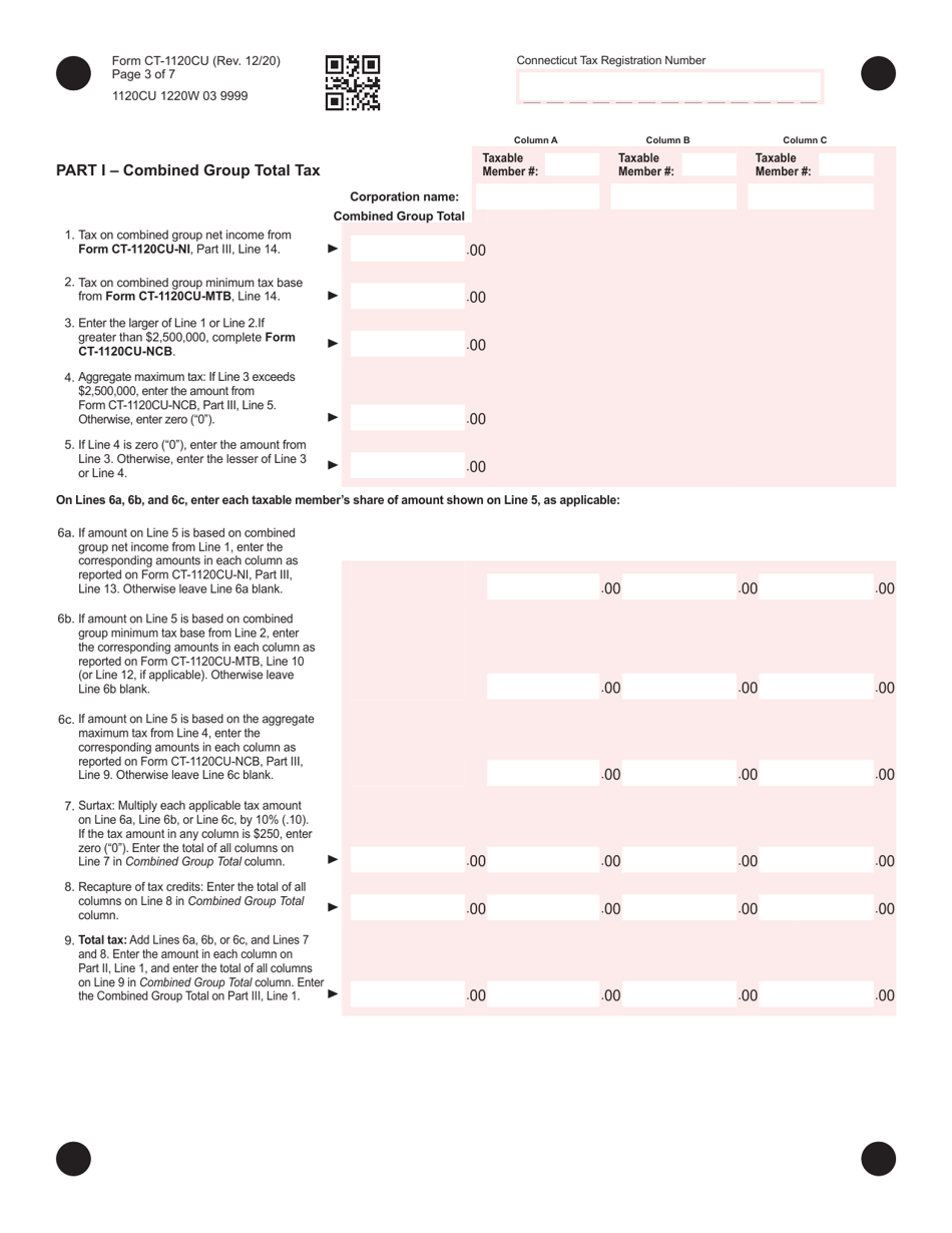 Form CT-1120CU Combined Unitary Corporation Business Tax Return - Connecticut, Page 3