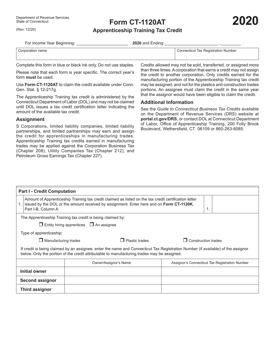 Form CT-1120AT Apprenticeship Training Tax Credit - Connecticut, Page 1
