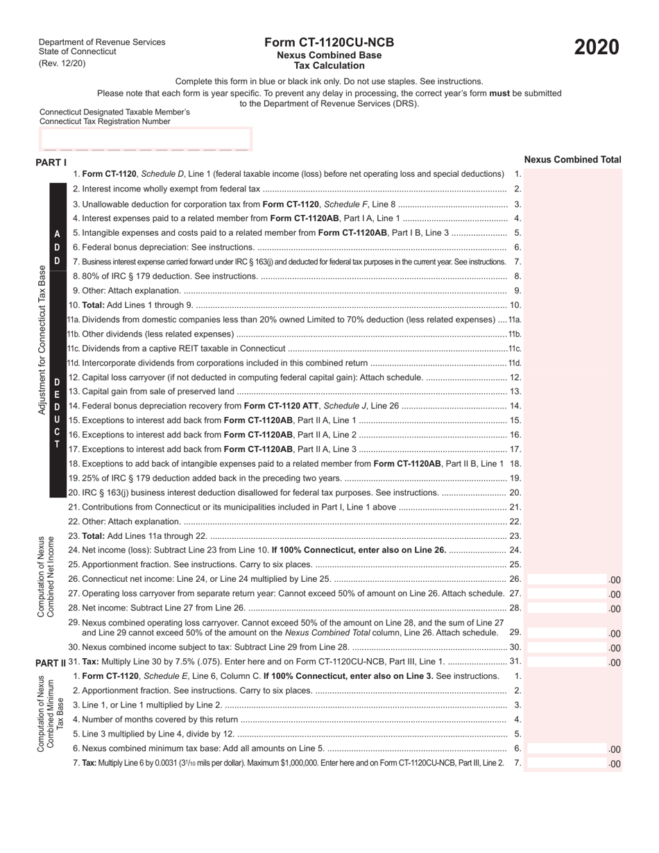 Form CT-1120CU-NCB Nexus Combined Base Tax Calculation - Connecticut, Page 1