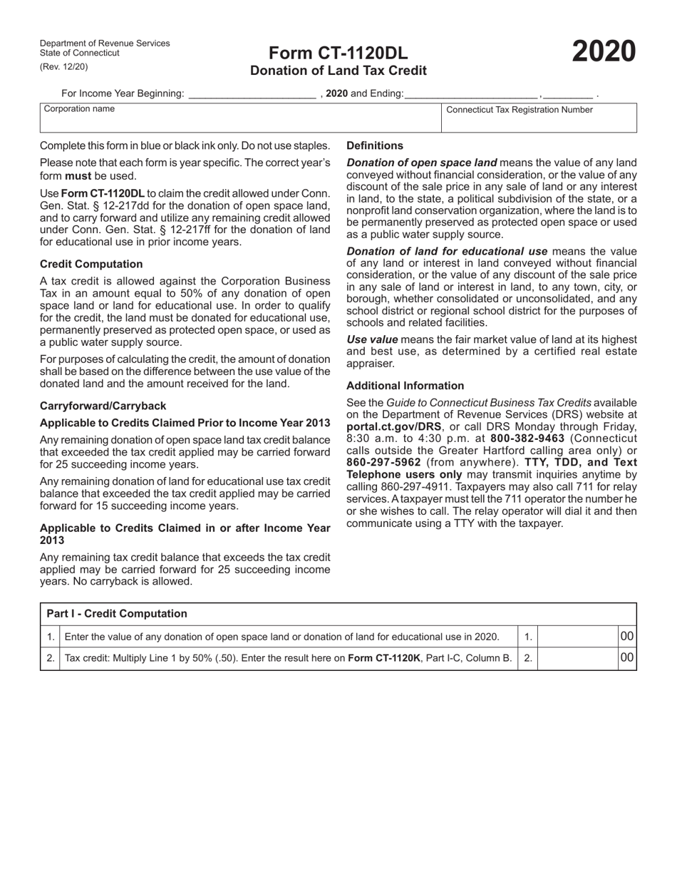 Form CT-1120DL Donation of Land Tax Credit - Connecticut, Page 1