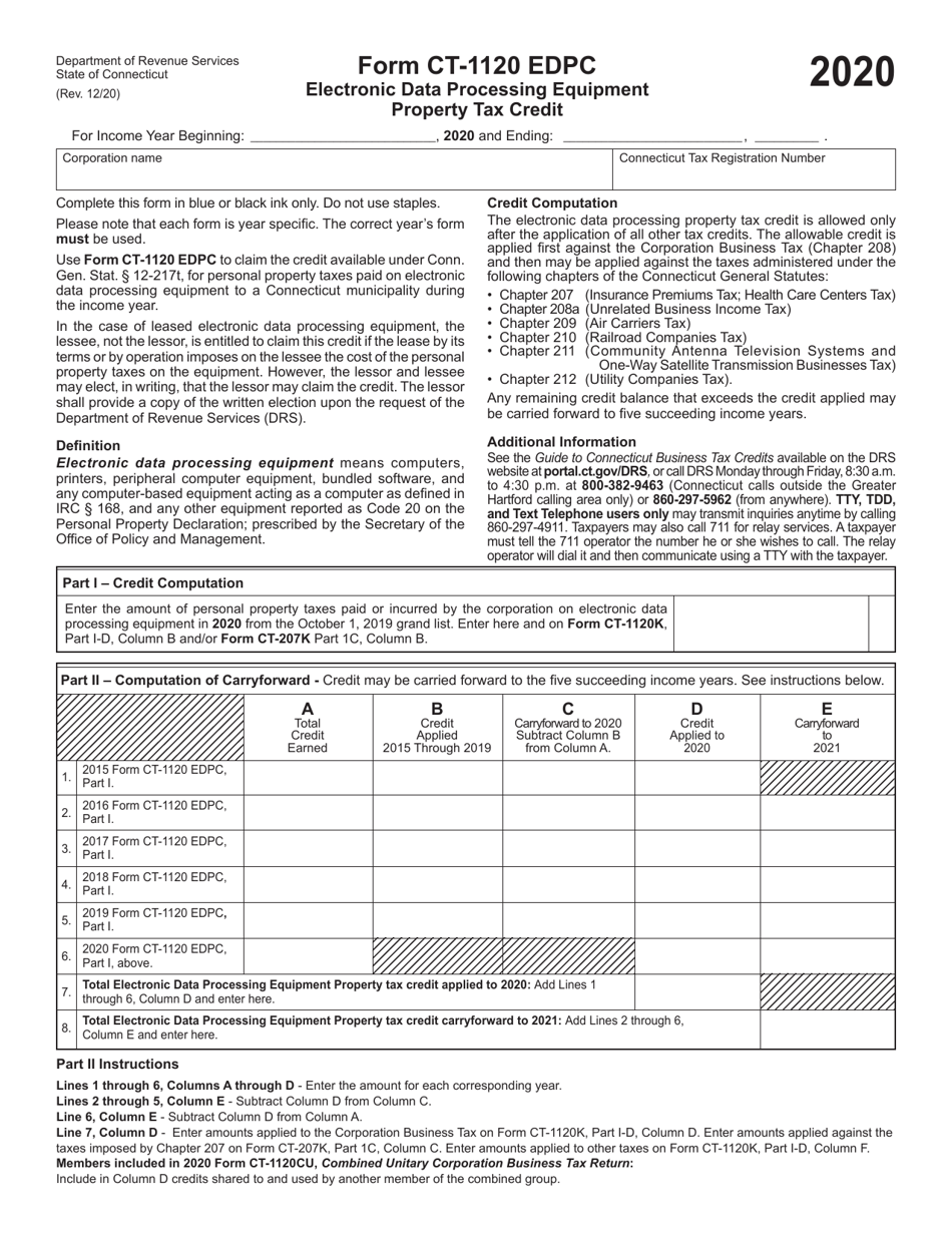 Form CT-1120 EDPC Electronic Data Processing Equipment Property Tax Credit - Connecticut, Page 1