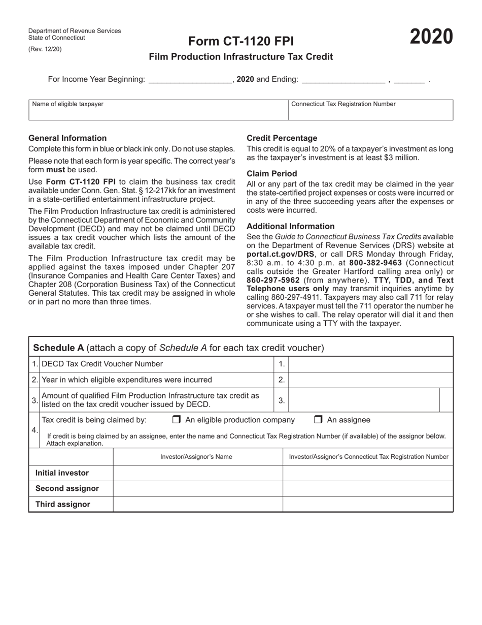 Form CT-1120 FPI Film Production Infrastructure Tax Credit - Connecticut, Page 1