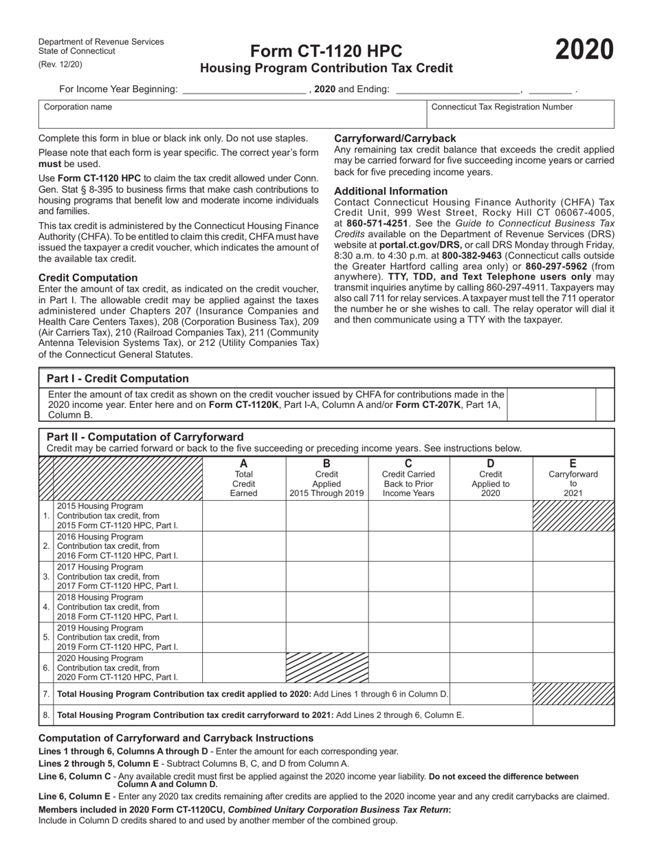 Form CT-1120 HPC Housing Program Contribution Tax Credit - Connecticut, Page 1