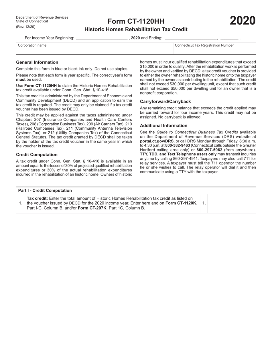 Form CT-1120HH Historic Homes Rehabilitation Tax Credit - Connecticut, Page 1