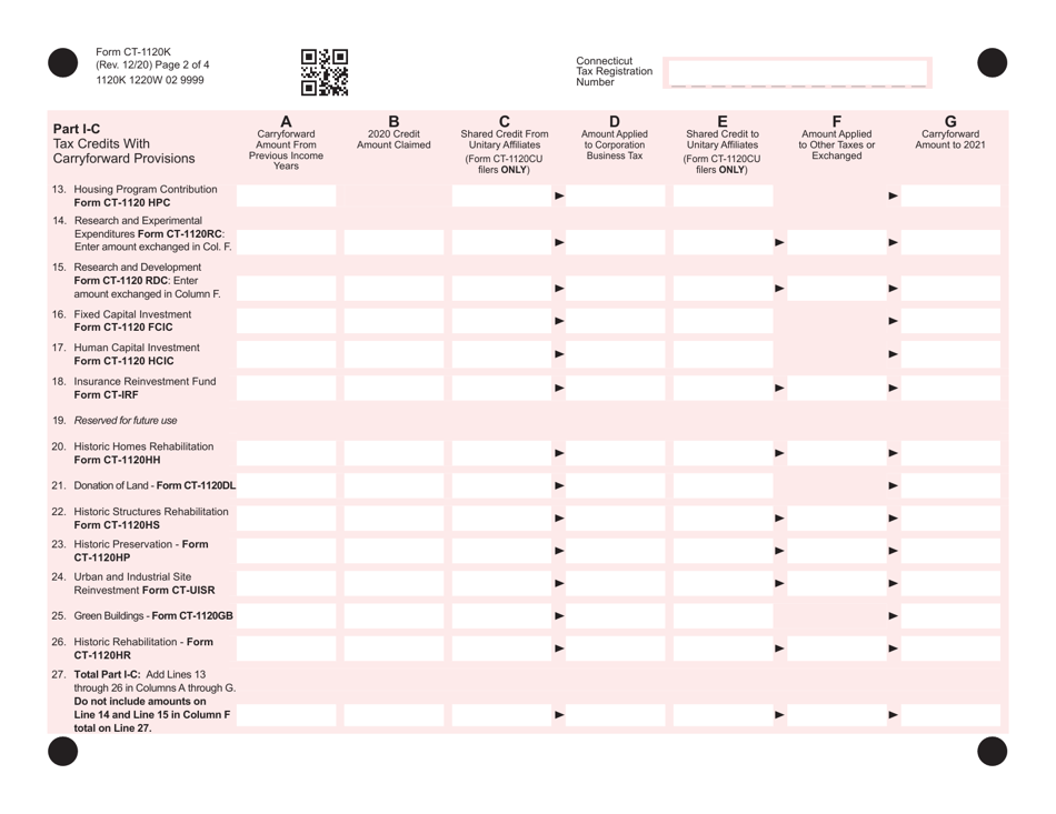 Form CT-1120K Business Tax Credit Summary - Connecticut, Page 2