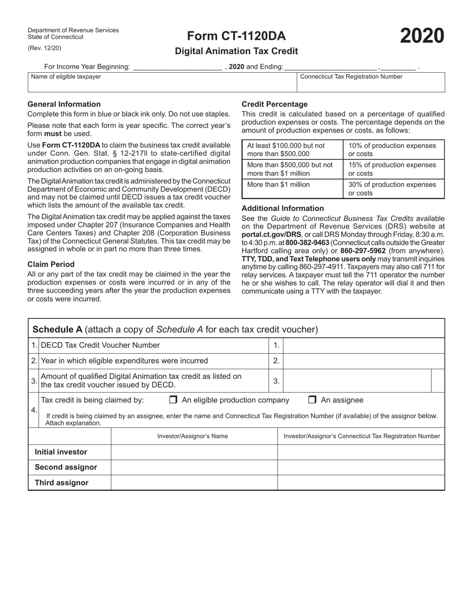 Form CT-1120DA Digital Animation Tax Credit - Connecticut, Page 1