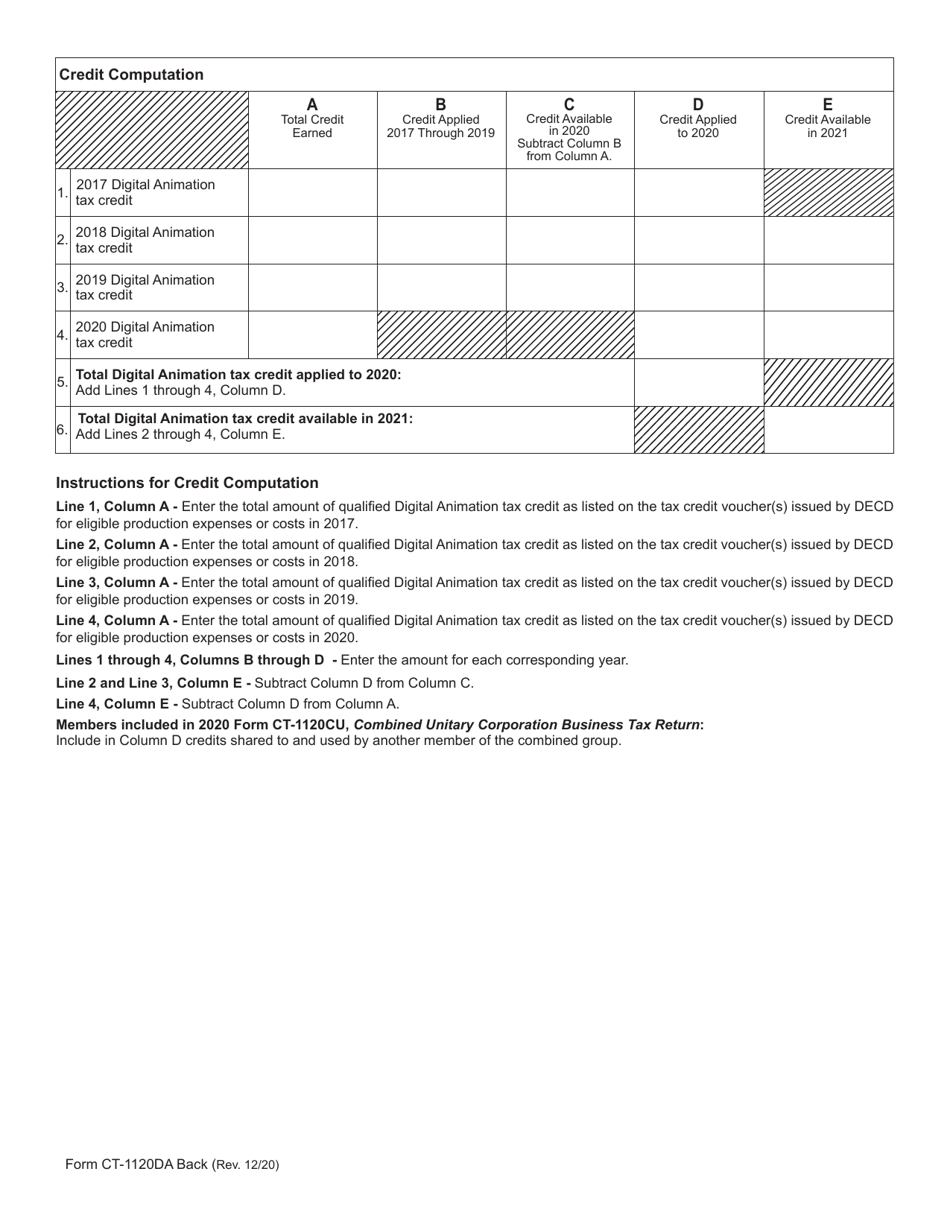 Form CT-1120DA Digital Animation Tax Credit - Connecticut, Page 2
