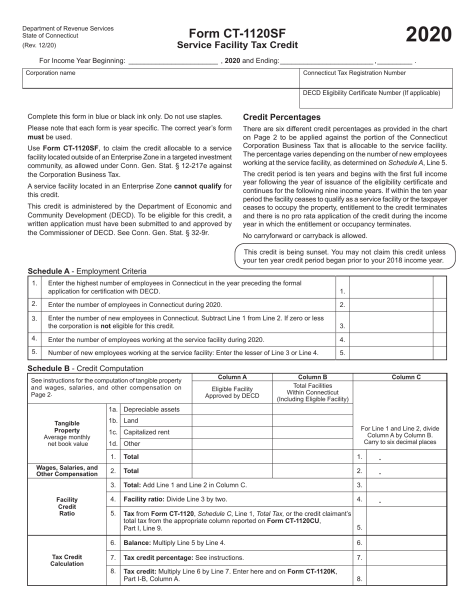 Form CT-1120SF Service Facility Tax Credit - Connecticut, Page 1