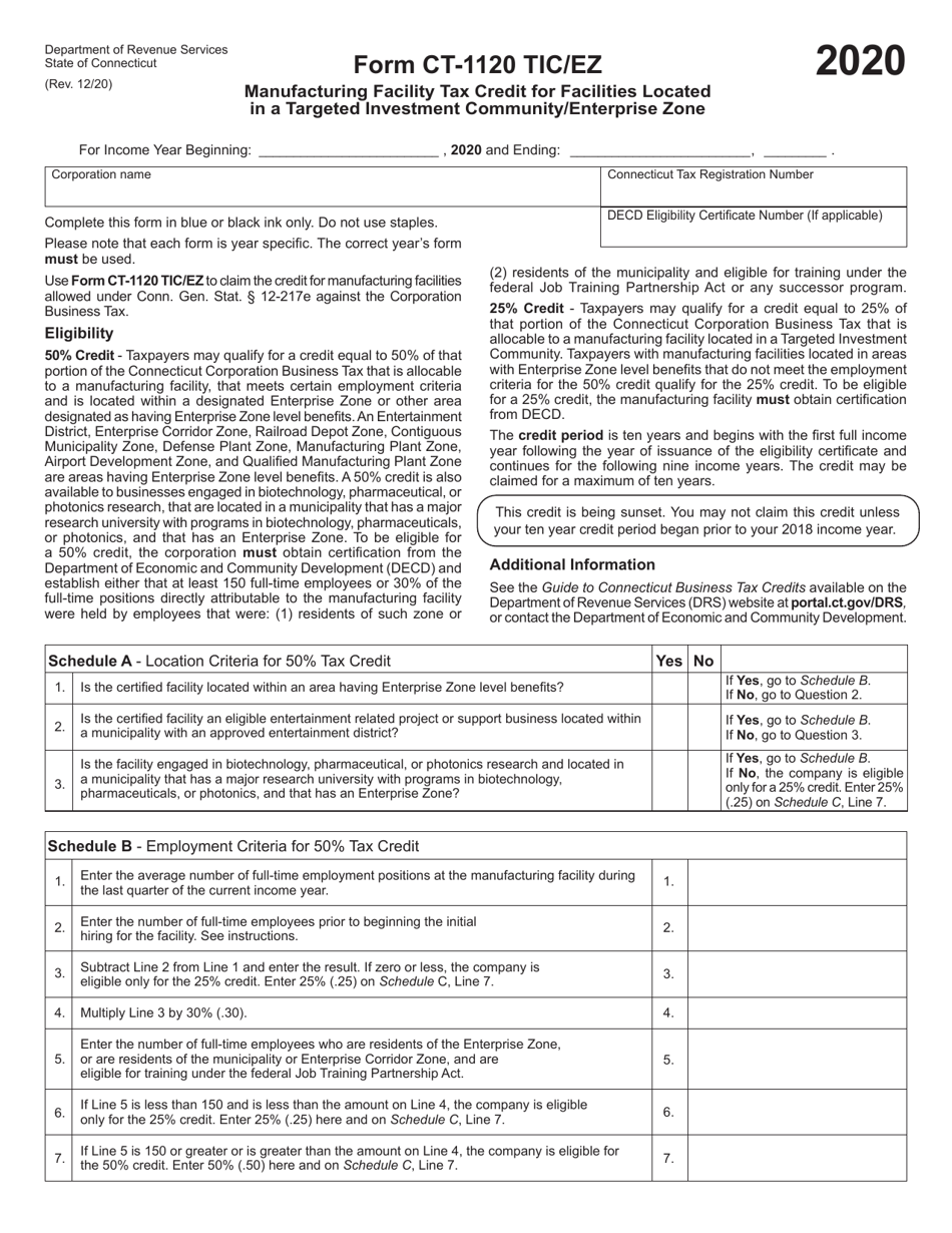 Form CT-1120 TIC / EZ Manufacturing Facility Tax Credit for Facilities Located in a Targeted Investment Community / Enterprise Zone - Connecticut, Page 1