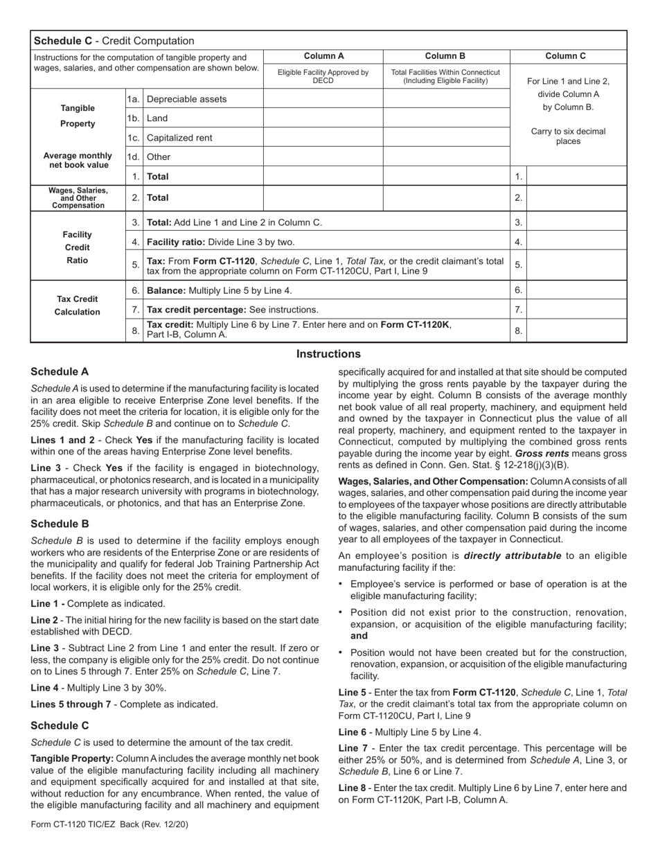 Form CT-1120 TIC / EZ Manufacturing Facility Tax Credit for Facilities Located in a Targeted Investment Community / Enterprise Zone - Connecticut, Page 2