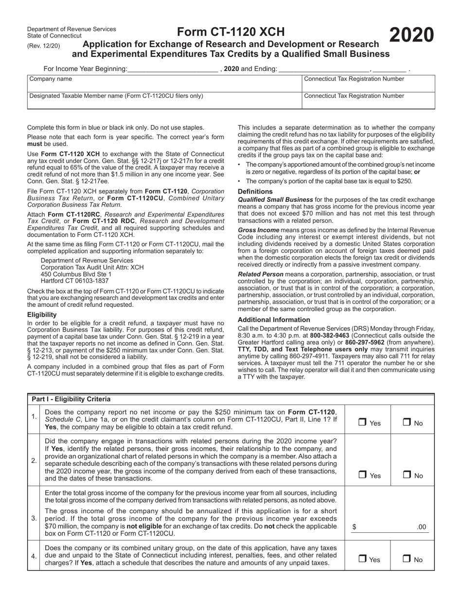 Form CT-1120 XCH Application for Exchange of Research and Development or Research and Experimental Expenditures Tax Credits by a Qualified Small Business - Connecticut, Page 1
