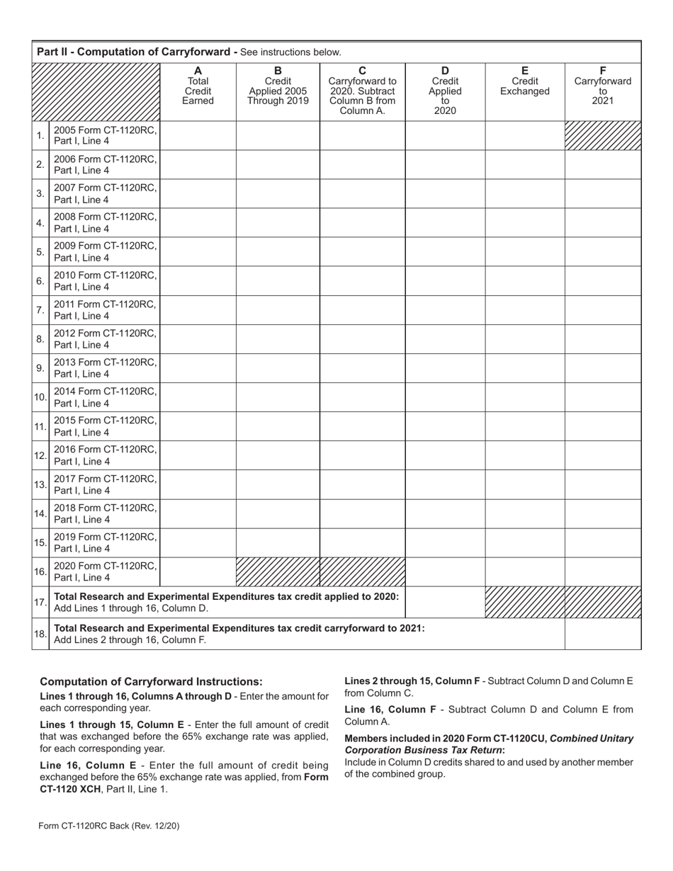 Form CT-1120RC Research and Experimental Expenditures Tax Credit - Connecticut, Page 2