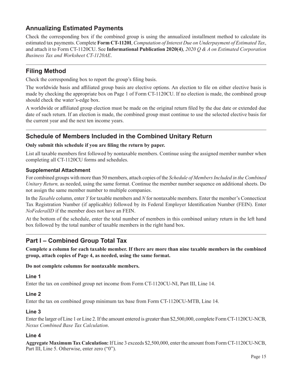 Instructions for Form CT-1120CU, CT-1120CU-MI, CT-1120CU-NI, CT-1120CU-MTB, CT-1120A-CU, CT-1120CU-NCB - Connecticut, Page 15