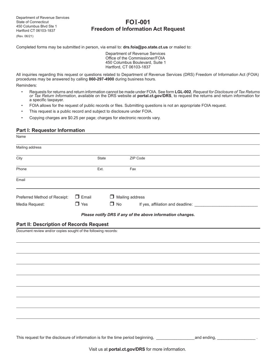 Form FOI-001 Freedom of Information Act Request - Connecticut, Page 1
