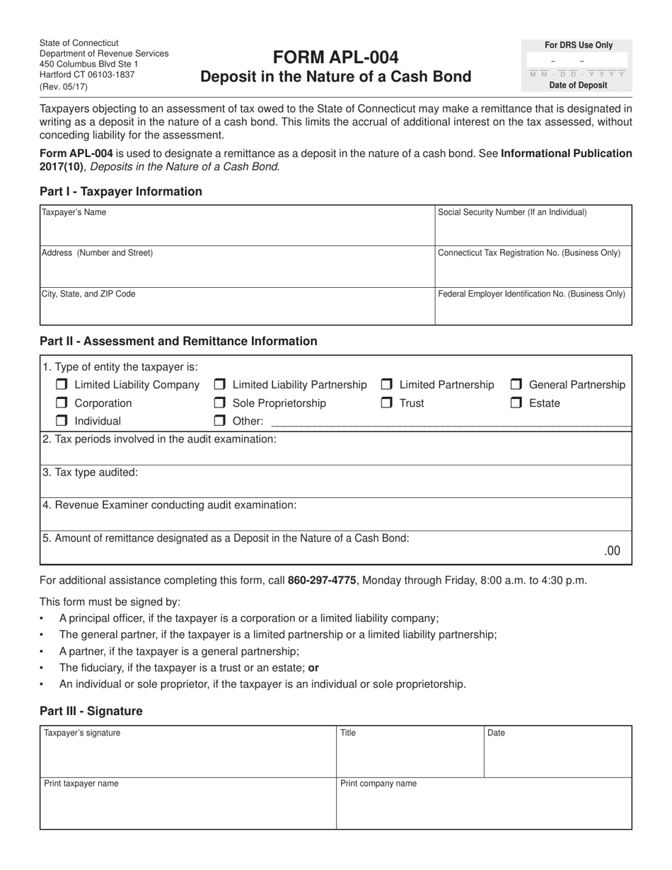 Form APL-004 Deposit in the Nature of a Cash Bond - Connecticut, Page 1