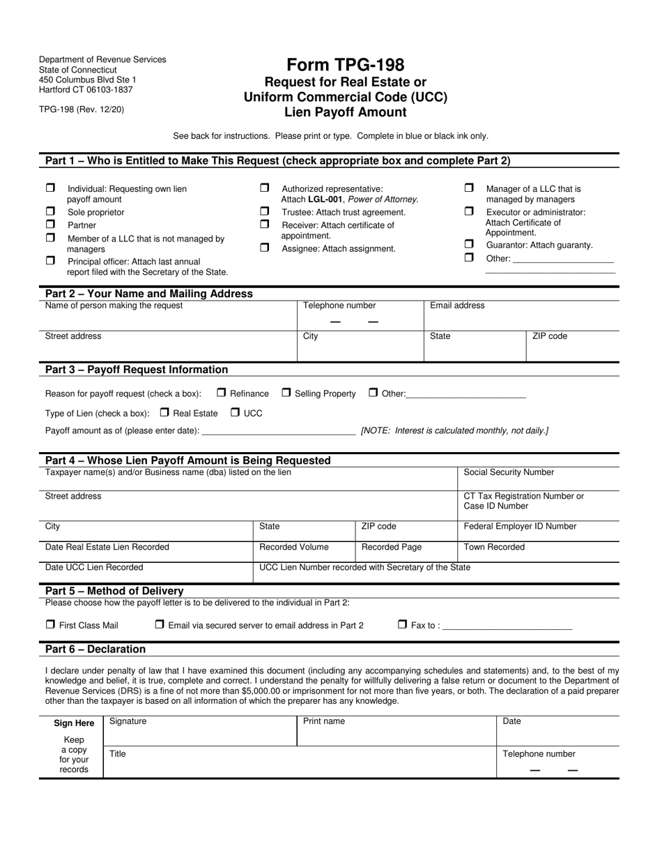 Form TPG-198 Request for Real Estate or Uniform Commercial Code (Ucc) Lien Payoff Amount - Connecticut, Page 1