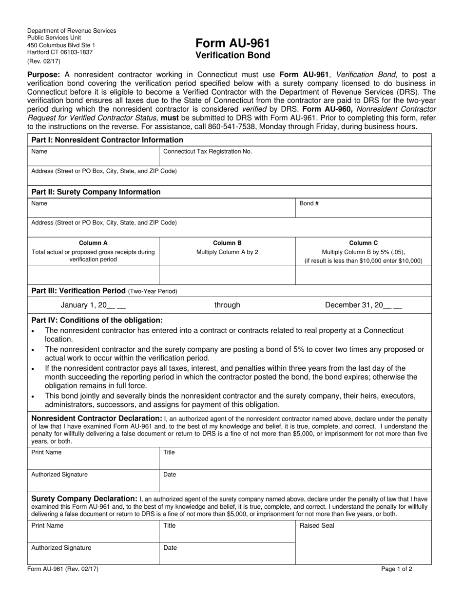 Form AU-961 Verification Bond - Connecticut, Page 1