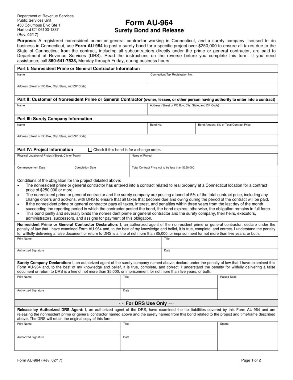 Form AU-964 Surety Bond and Release - Connecticut, Page 1