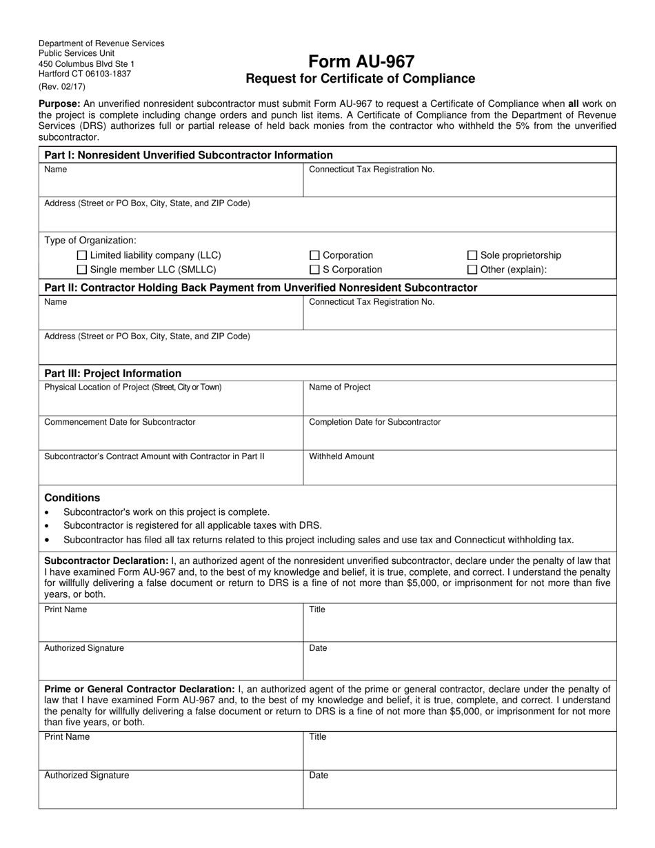 Form AU-967 Request for Certificate of Compliance - Connecticut, Page 1