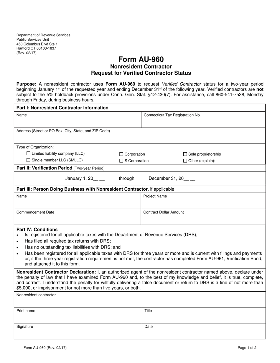 Form AU-960 Nonresident Contractor Request for Verified Contractor Status - Connecticut, Page 1