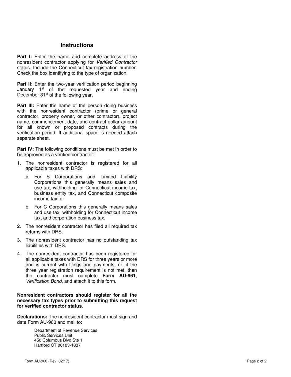 Form AU-960 Nonresident Contractor Request for Verified Contractor Status - Connecticut, Page 2