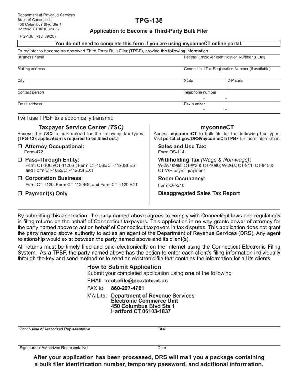 Form TPG-138 Application to Become a Third-Party Bulk Filer - Connecticut, Page 1