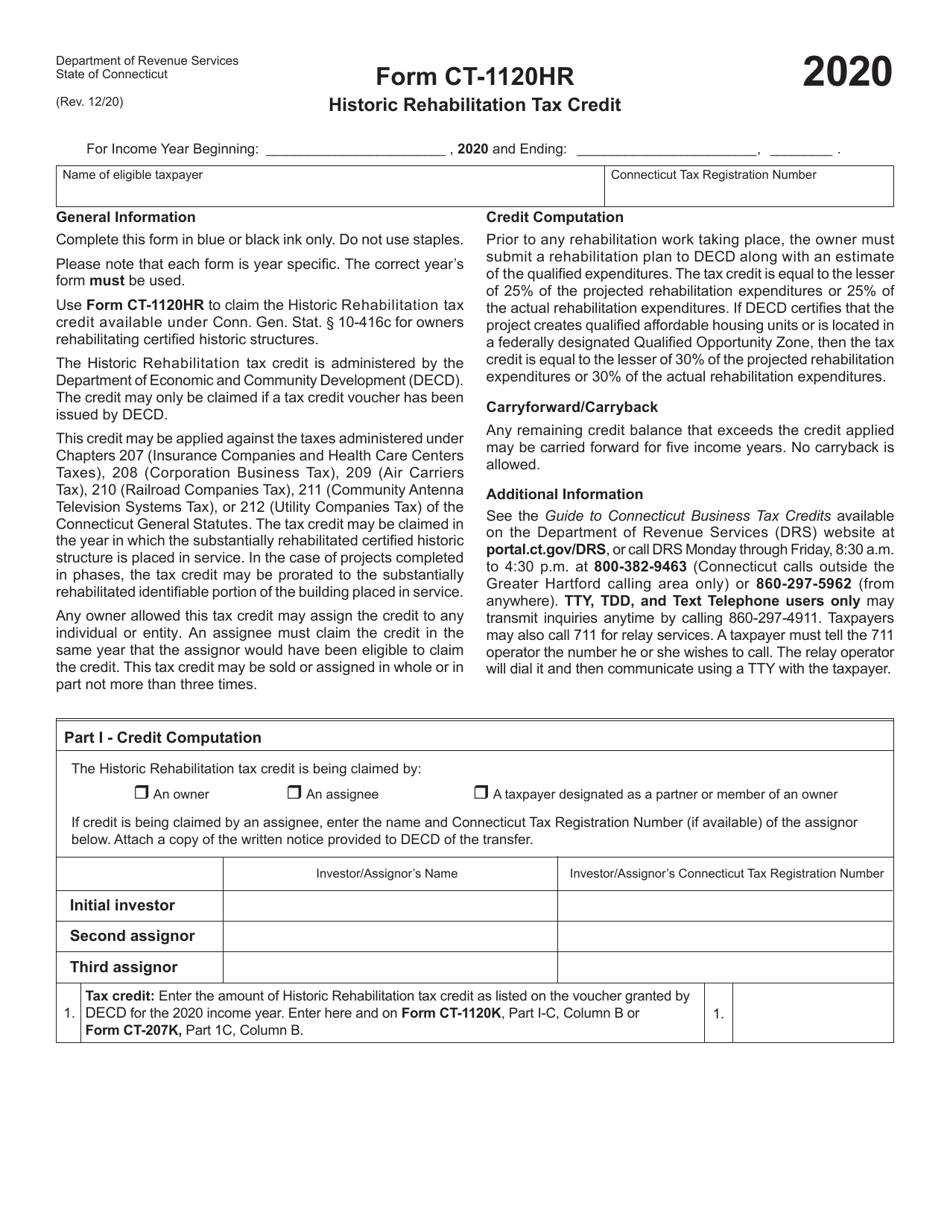 Form CT-1120HR Historic Rehabilitation Tax Credit - Connecticut, Page 1