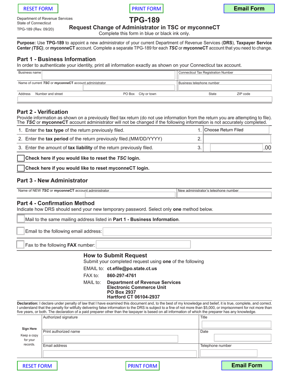 Form TPG-189 Request Change of Administrator in Tsc or Myconnect - Connecticut, Page 1