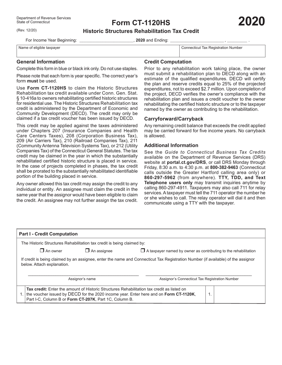 Form CT-1120HS Historic Structures Rehabilitation Tax Credit - Connecticut, Page 1