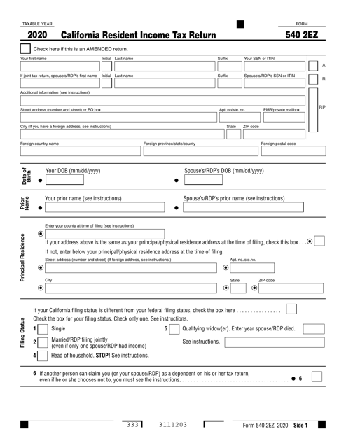 Form 540 2EZ 2020 Printable Pdf