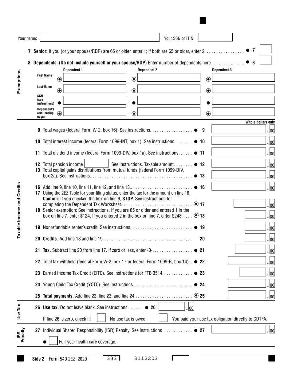 Form 540 2EZ California Resident Income Tax Return - California, Page 2