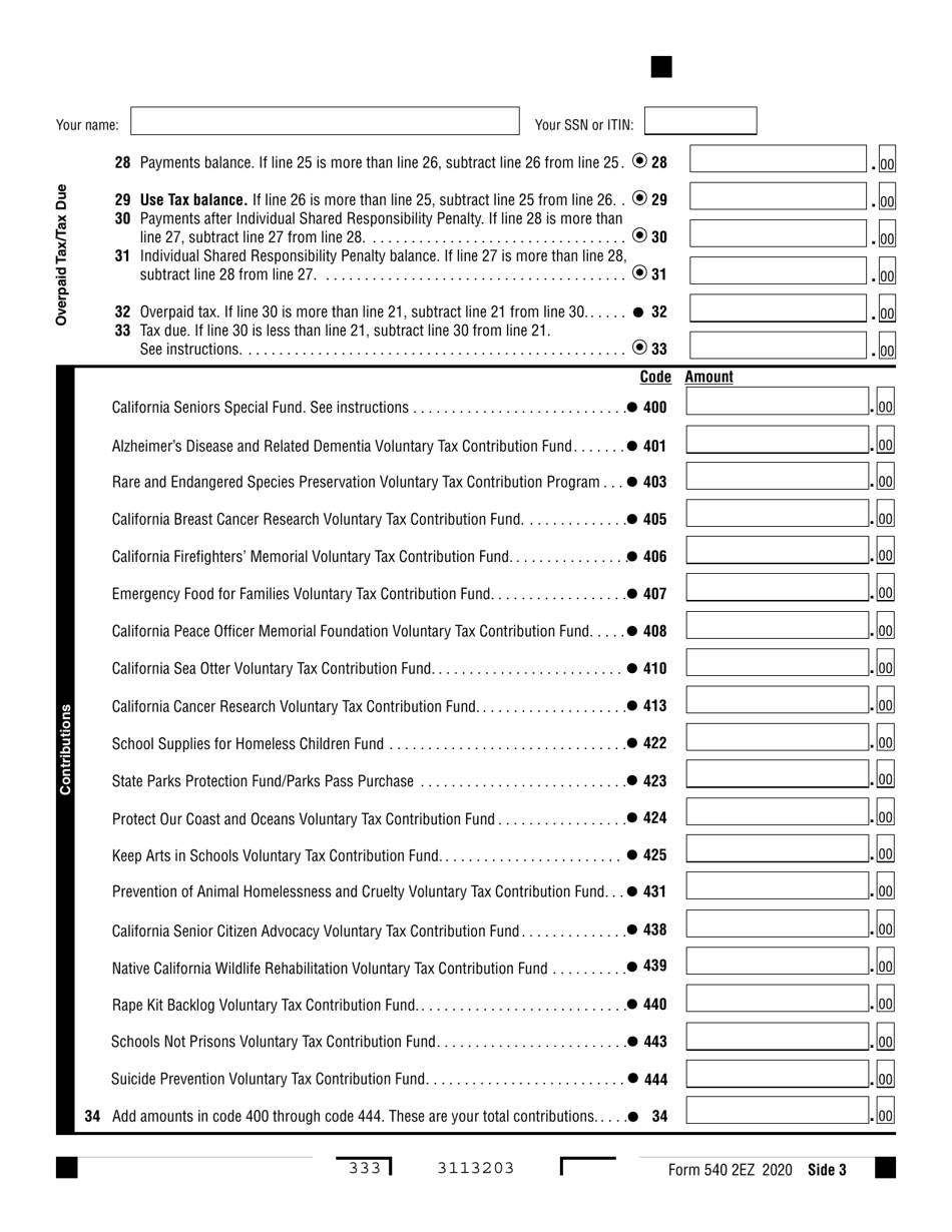 Form 540 2EZ California Resident Income Tax Return - California, Page 3