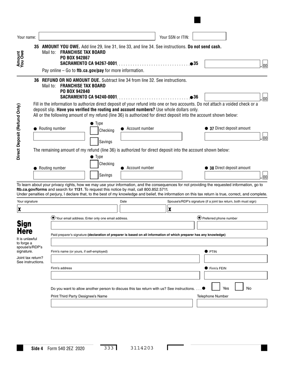 Form 540 2EZ California Resident Income Tax Return - California, Page 4
