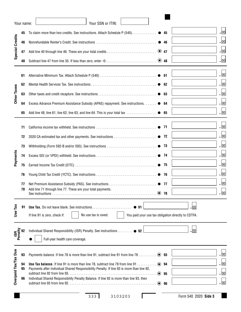 Form 540 California Resident Income Tax Return - California, Page 3