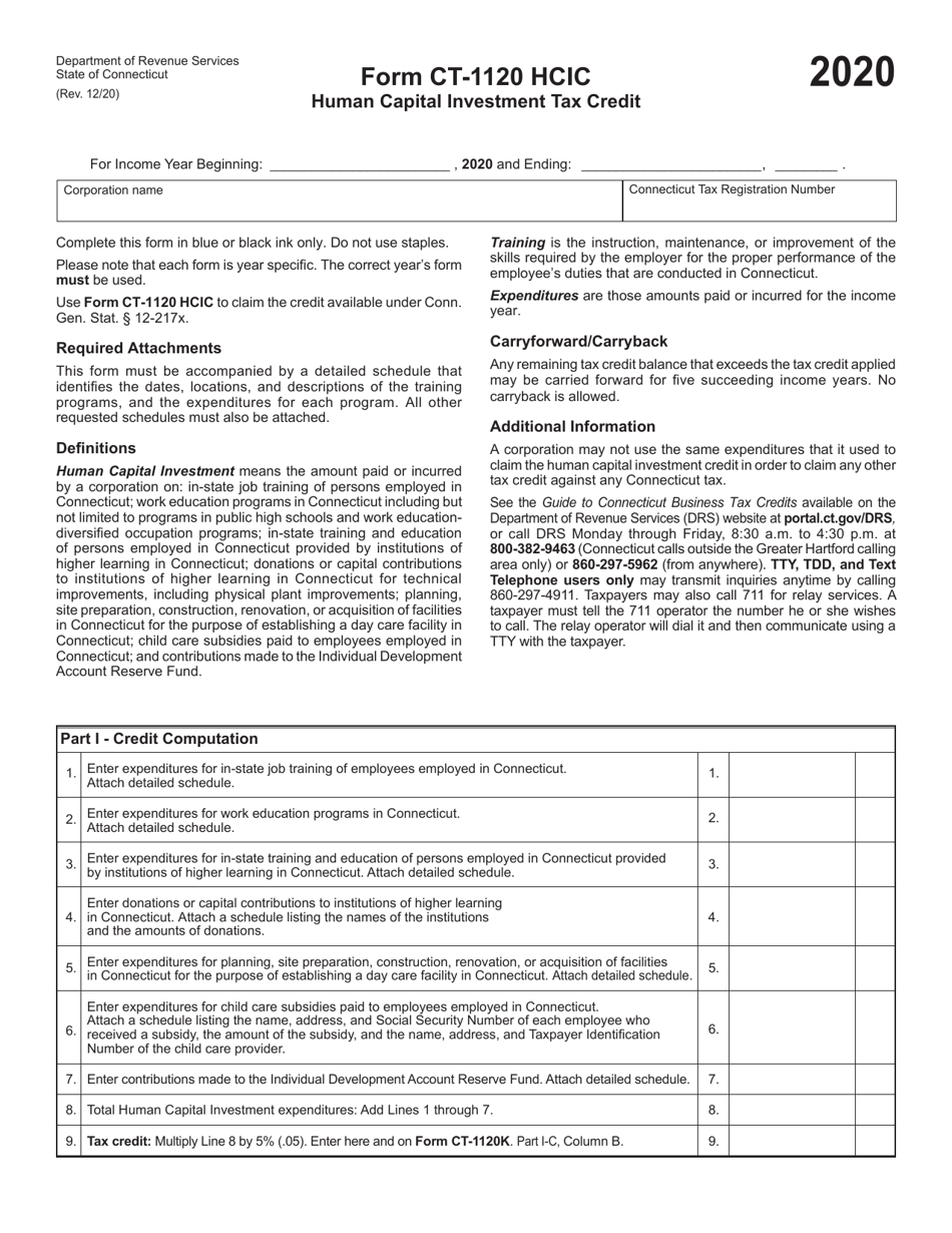 Form CT-1120 HCIC Human Capital Investment Tax Credit - Connecticut, Page 1