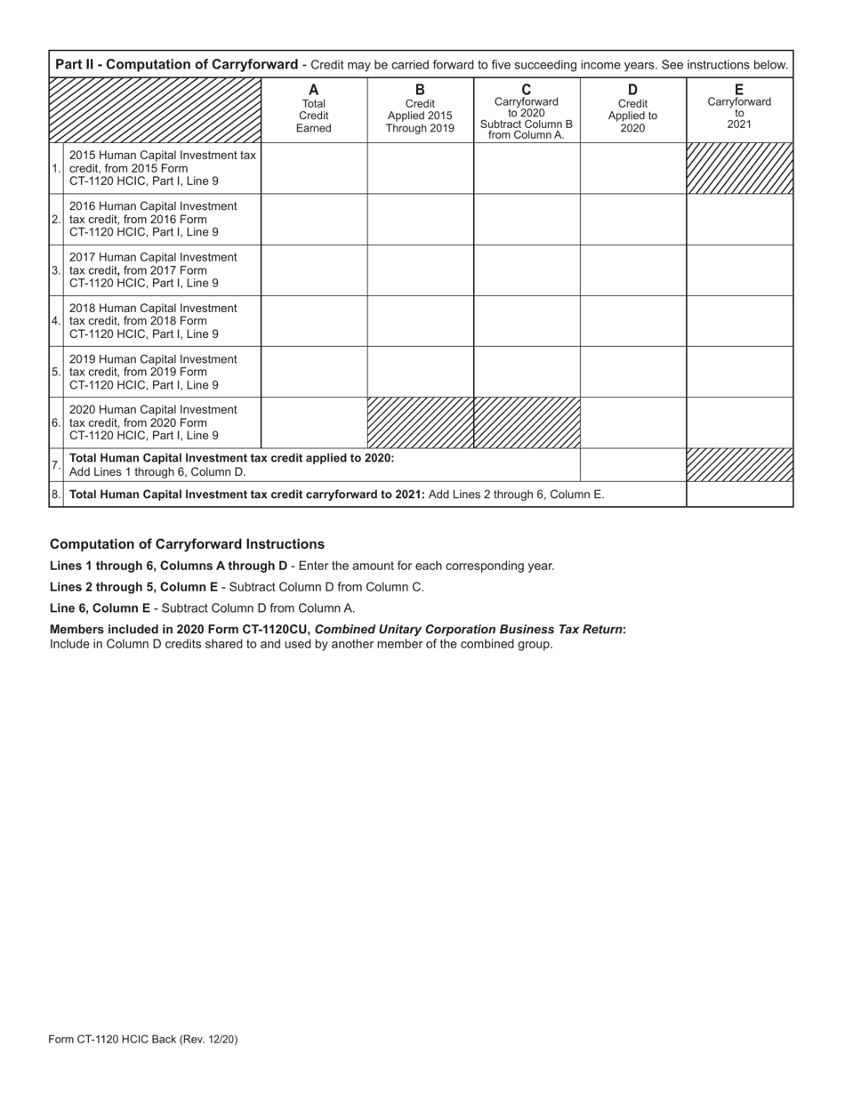 Form CT-1120 HCIC Human Capital Investment Tax Credit - Connecticut, Page 2