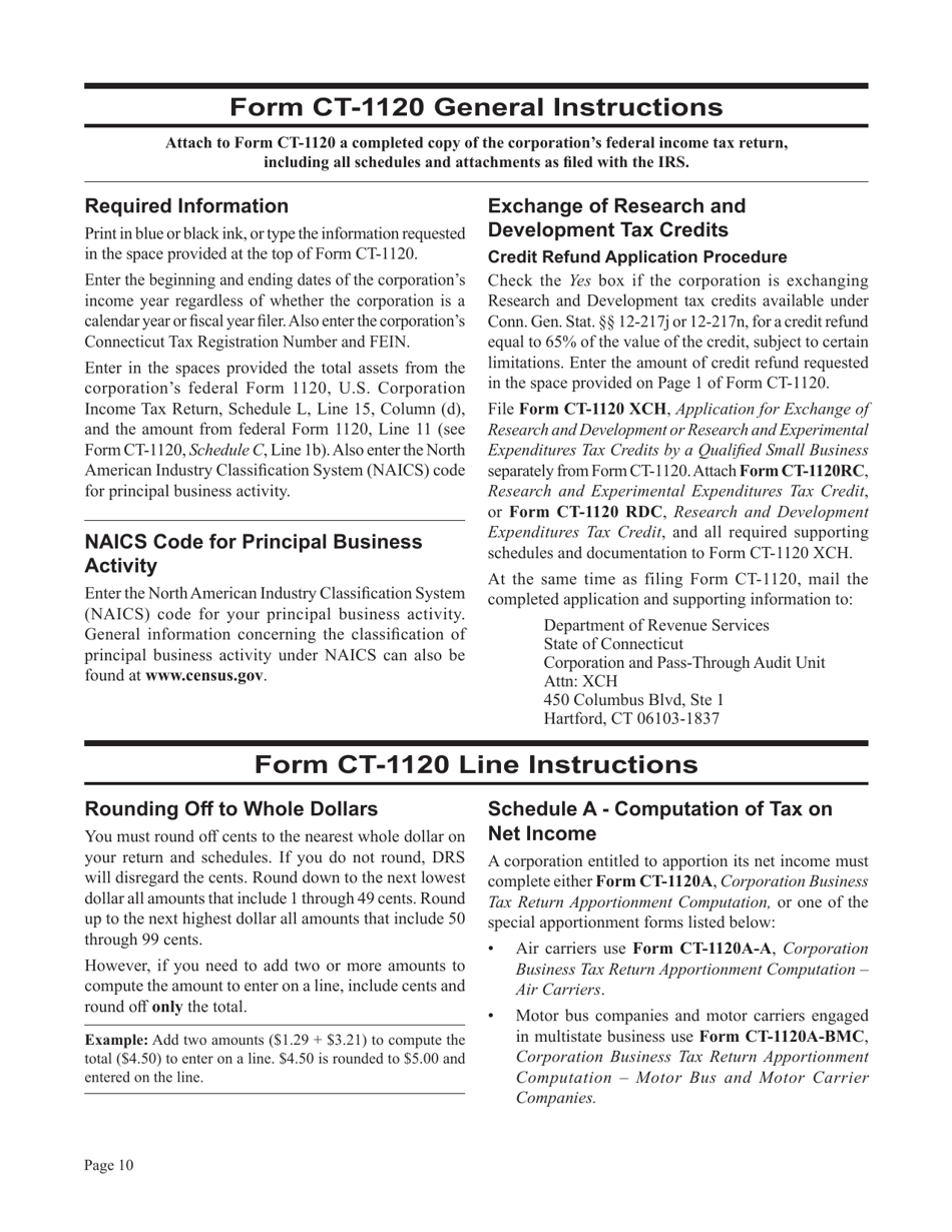 Instructions for Form CT-1120, CT-1120 ATT, CT-1120A, CT-1120K, CT-1120 EXT - Connecticut, Page 10