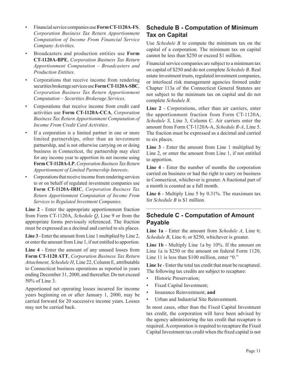 Instructions for Form CT-1120, CT-1120 ATT, CT-1120A, CT-1120K, CT-1120 EXT - Connecticut, Page 11