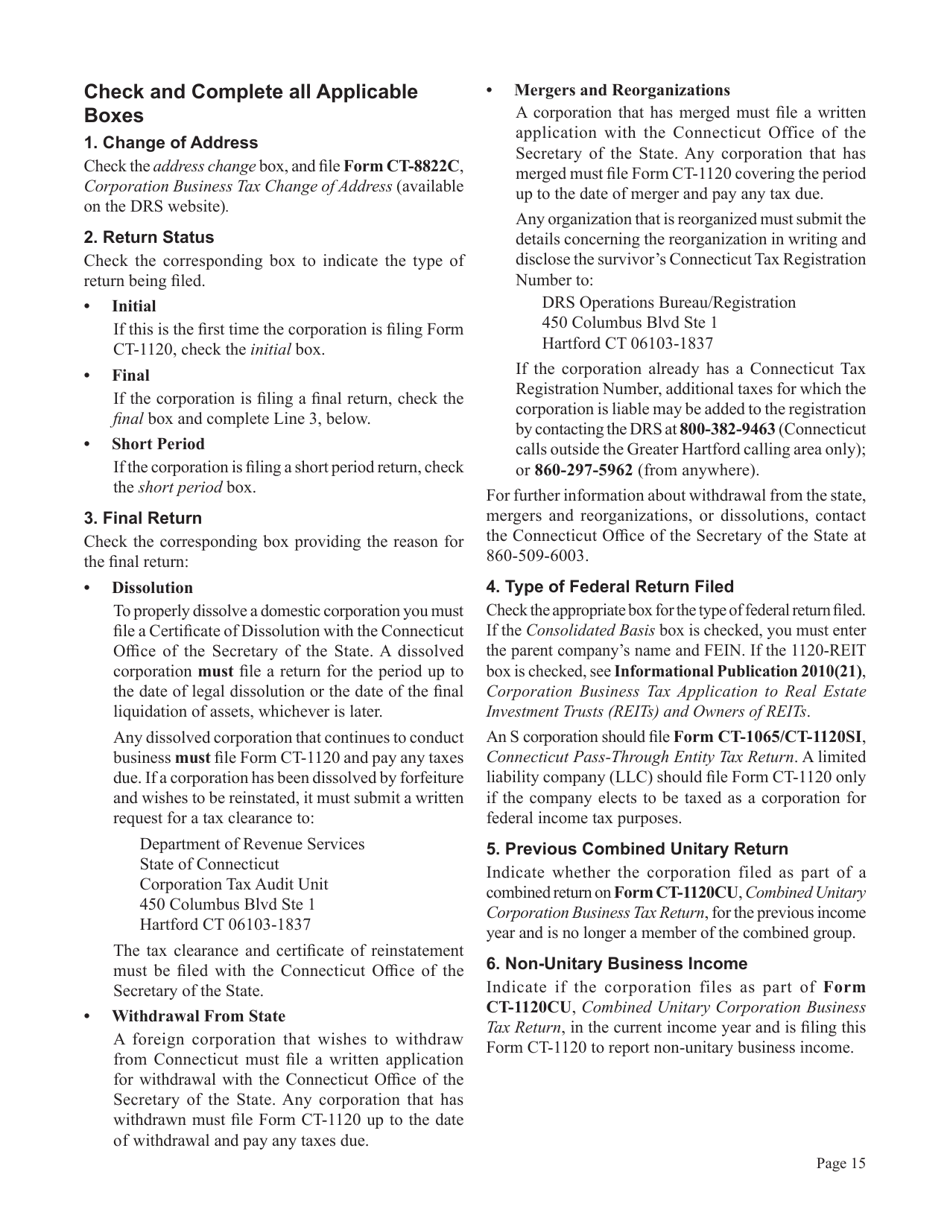 Instructions for Form CT-1120, CT-1120 ATT, CT-1120A, CT-1120K, CT-1120 EXT - Connecticut, Page 15