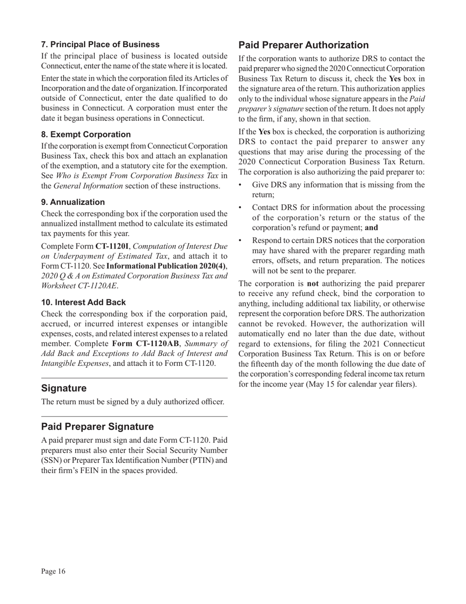 Instructions for Form CT-1120, CT-1120 ATT, CT-1120A, CT-1120K, CT-1120 EXT - Connecticut, Page 16