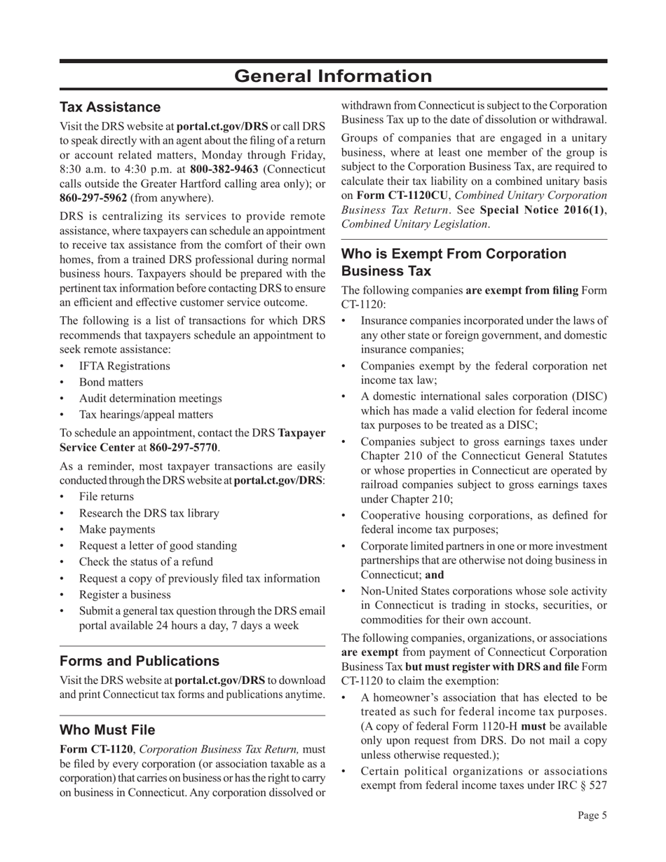 Instructions for Form CT-1120, CT-1120 ATT, CT-1120A, CT-1120K, CT-1120 EXT - Connecticut, Page 5