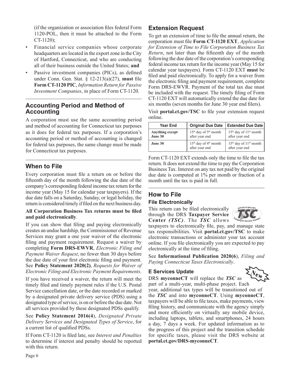 Instructions for Form CT-1120, CT-1120 ATT, CT-1120A, CT-1120K, CT-1120 EXT - Connecticut, Page 6