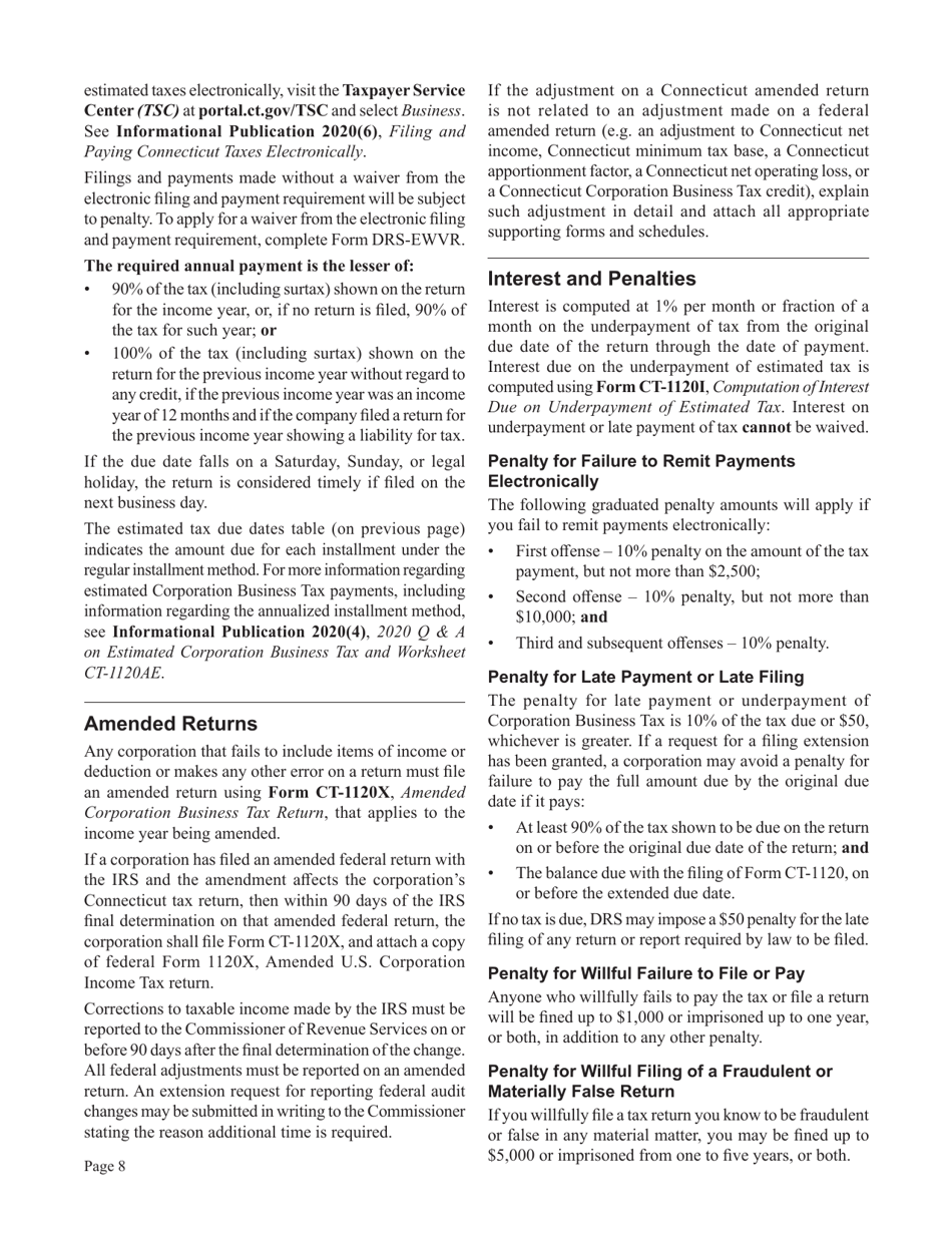 Instructions for Form CT-1120, CT-1120 ATT, CT-1120A, CT-1120K, CT-1120 EXT - Connecticut, Page 8