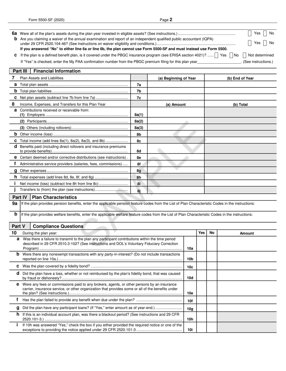 Form 5500-SF Short Form Annual Return / Report of Small Employee Benefit Plan - Sample, Page 2