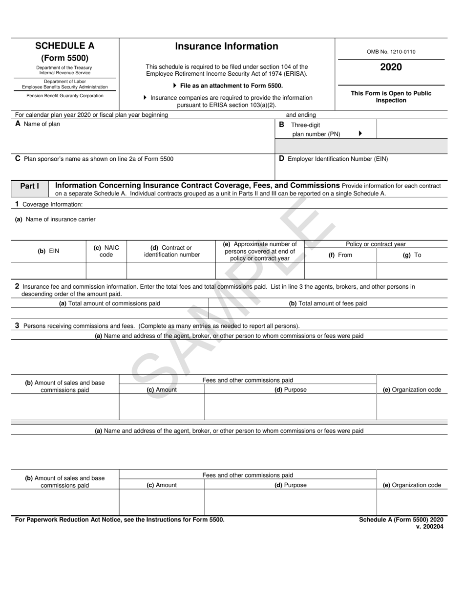 Form 5500 Schedule A Insurance Information - Sample, Page 1